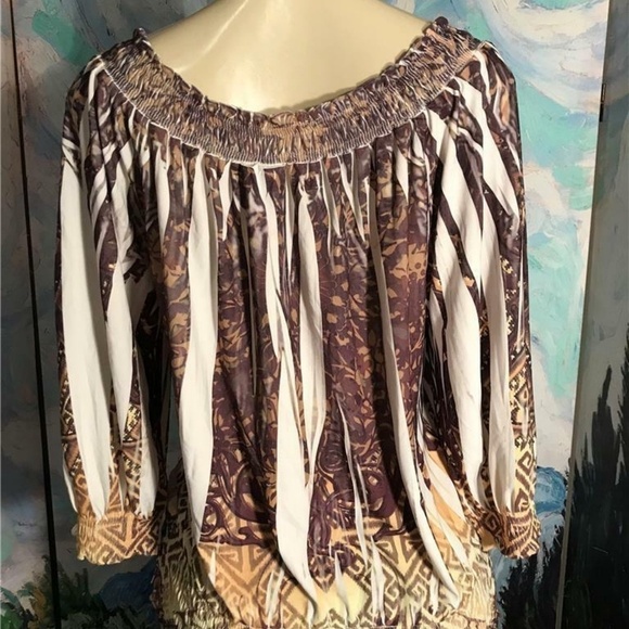 SereNade Brown Artsy Print Shirred Neck/ Hem Top - Picture 4 of 6